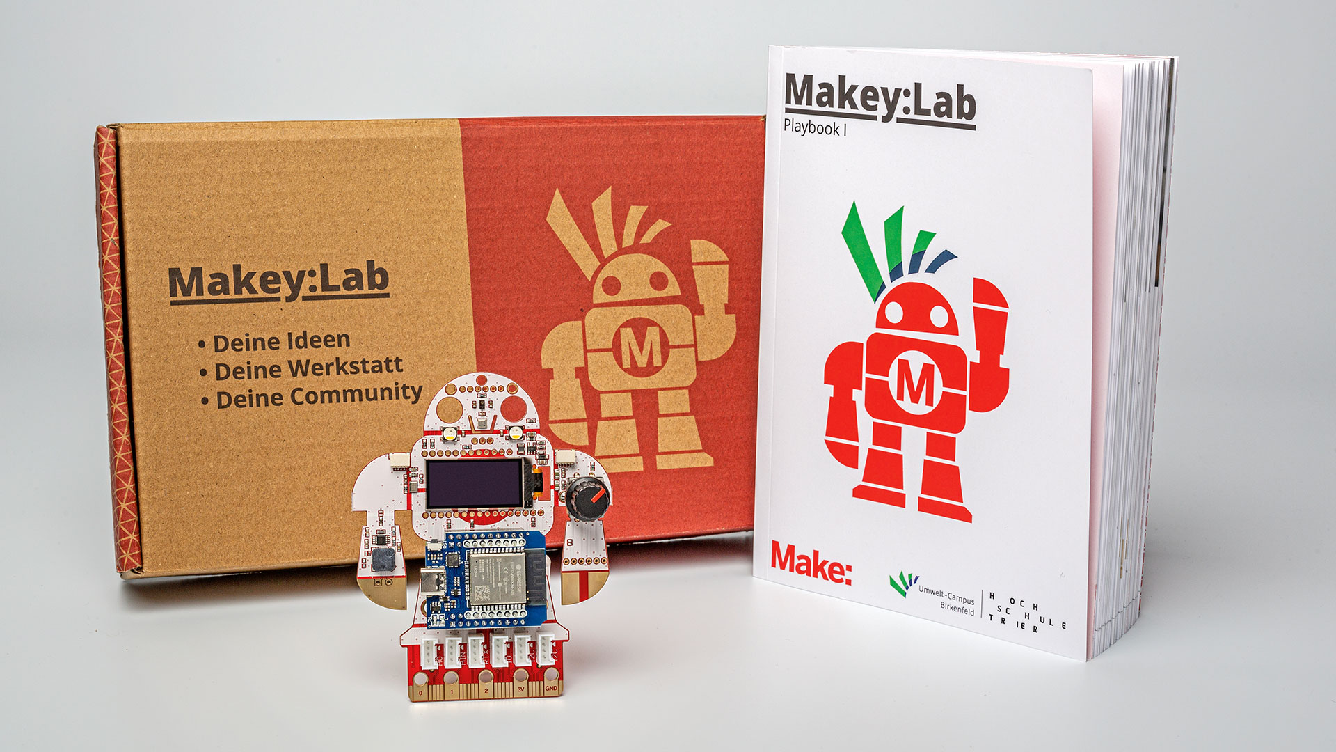 Makey:Lab IoT-Lernplattform mit integriertem ESP32, Sensoren, OLED-Display und Playbook mit vielen Projekten.